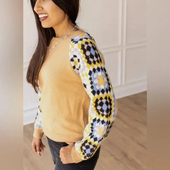 SOUTHERN GRACE Enchanting Crochet Sleeve Yellow Knit Sweater - Picture 5 of 10
